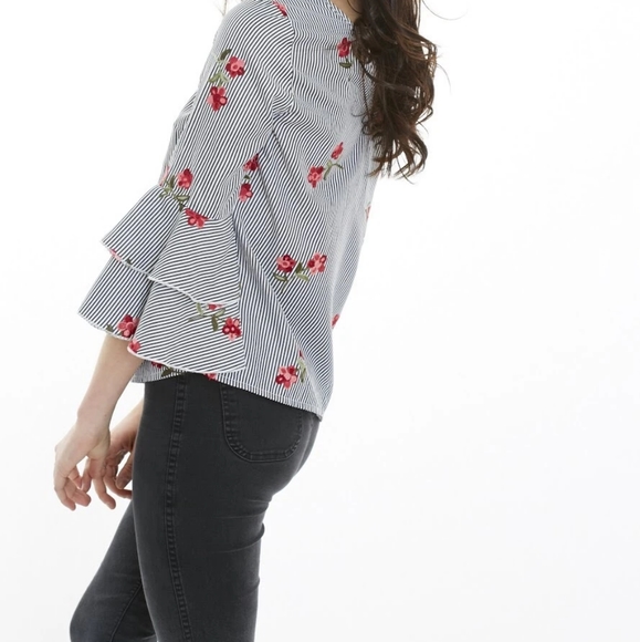 Pinstripe Floral Embroidered Blouse w/ Ruffles - Picture 2 of 5